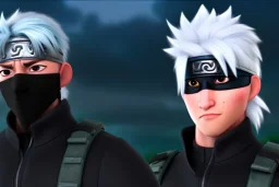 Kakashi Hatake, Shinobi, jonin, white tall hair, black face mask, black naruto leaf ninja headband, Left eye red, Green military-style vest, white hair, anbu black ops