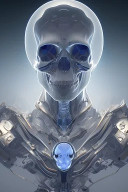 A glass headed skull with sapphire eys wearing a futuristic uniform, 8k resolution concept art portrait by Greg Rutkowski, Artgerm, WLOP, Alphonse Mucha Boris Vallejo H.R. Giger dynamic lighting hyperdetailed intricately detailed Splash art trending on Artstation vivid colors Unreal Engine 5 volumetric lighting