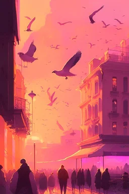 sunset, light pink, light orange, light yellow, light violet, buildings, city, people, market, houses, streets, lamps,birds