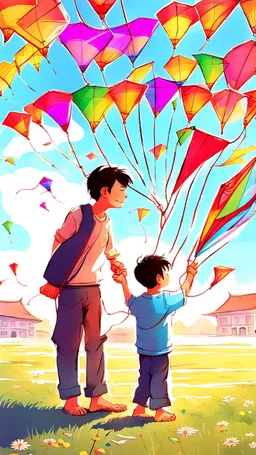 Once a father and son went to the kite flying festival. The young son became very happy seeing the sky filled with colorful kites. He too asked his father to get him a kite and a thread with a roller so he can fly a kite too.