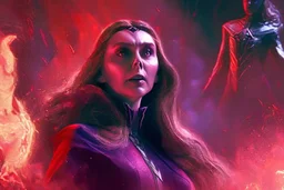 Feiticeira escarlate, wanda Marvel, elizabeth olsen, 4k render, vilã, manipulando magia, raiva, fundo de destruição, cores frias, cinematográfico, dramático