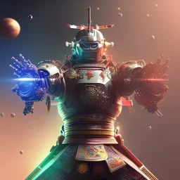 A portrait of a crystalised robot samurai with yakuza tatu, atmospheric, realistic, unreal engine cosmic galactic, cinematic lighting, octane render, random colors, transparent, cosmic ambiance, masterpiece, art by Yoji Shinkawa, composing fit inside