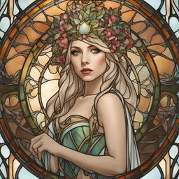 stained glass motif by Alfons Mucha, Lady Gaga as an elf princess in an elven kingdom, HD 4K ultra high resolution, photo-real accurate