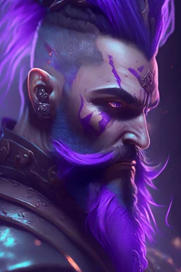 photorealistic warrior, hyperdetailed painting, luminism, Bar lighting, complex, purple mohawk, 4k resolution concept art, Artgerm, WLOP, Alphonse Mucha, 3d render, octane render, intricately detailed, cinematic, awesome full color, hand drawn, dark, gritty, cinematic, purple beard, wyvern