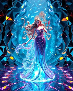 very complex structure ,pretty viberating color environment 3d metalic and crystal recursive animating beveled geometric base very complex structure future world evolving background and goddess of love in a pretty cleric dress comes out dancing gracefully , viberating color moving very in modern city escap environment while camera tracking it.