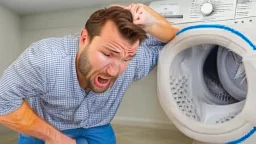 man sweating while trying to move dryer