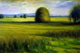 A grassy plain filled with haystacks painted by Claude Monet