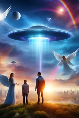 ufo rainbow, cité très futuriste ultra moderne, ufos fleet, intergalactic,angels
