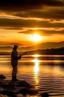 Canserbero en un paisaje de pesca y puesta de sol