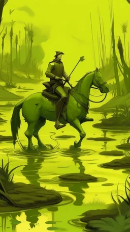 A light yellowish dark green swamp with bugs in daylight painted, a man riding a frog like a horse