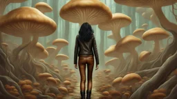 woman with black hair, in light brown leather trousers and jacket, walking through a forest of Alien mushrooms with jellyfish tentacles, photorealistic, Deep Colour, Intricate Detail, Dune