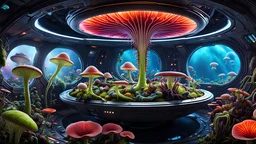 fungal creatures tending a colorful garden of alien flora and Venus flytraps on a spaceship, you can see the universe in the background through the windows. Fungal art, deep color, rich color, ultra high detail, ultra high quality, 8k resolution, sharp focus, perfect anatomy, back lit, dynamic lighting