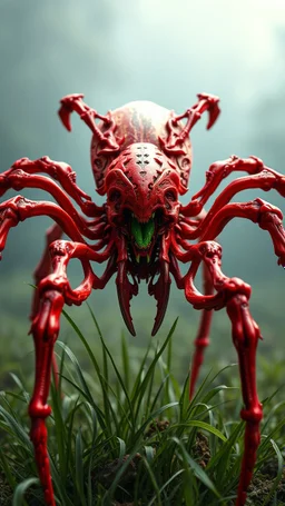 A dynamic front view showcasing the fusion of organic and bones elements, depicting a fully red bones-spider , Its intricate mechanisms are driven by interlocking blade and complex mechanical blade embedded throughout its glass frame. mist-grass eating leaf