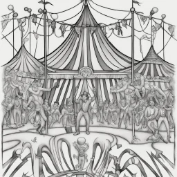 Coloring book page:: Circus: A whimsical illustration of a circus tent with acrobats, clowns, and a ringmaster:: high detail adult coloring book page thin black lines white background, 1 bit line art coloring book, only draw outlines, crisp, thick outlines, use up the entire screen, outline art, storybook illustration –no noise, book, logo, page, letters, words, markers, grayscale, –no black background –ar 3:4 –v 4