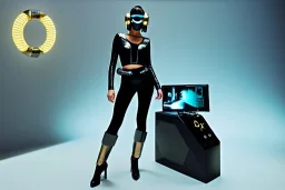 Photographic. Technological utopia. Machine, fake smile, old-camera-eyes. 3D-tiling on the adaptive background. Lightly armored. Cyber-punk full-mask. Lay figure woman is Surreal. Haute Couture 1990's. Light from right. Colors are silver, black, Cyan. AKG headphones, golden rings & disc. Logo. Thick tights. Thick calves. Curved fell. Wide hip. Cannot cure. Tron Movie, grotesque. Countermove. Revolution. Matrix and Tron movies. Daft Punk!