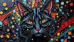 masterpiece Impasto style oil painting of creating figure full cat lheart jungle scary dark is made of granite terrazzo motifs black with textured brush strokes, jungle scary is made of immersive experience, intricate and detailed, trippy psychedelic Pointillist bright, lively and colorful explosions mirrors dry, and closed eyes. Cubist granite abstract descending from a amazing stained glass slanted ribbon lines, a sheets spiral geomatrical, Express live brushwork brings depth and textured