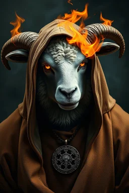 The portrait of a brutal sheep in a hood is turned sideways. His eyes are burning with fire. Christian cloth clothes. A pendant of stars and zodiac signs. Subject zodiac signs