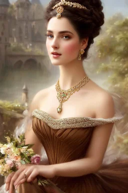 beautiful and gorgerous duchess with incredible jewellery in 19th century clothing by Greg Rutkowski and Artgerm and Emile Vernon and Vladimir Volegov, in a brown dress, mystical castle background, art illustration, natural beauty, muted colors, pastels, perfect fingers, higly detailed, expressive, high detail, symmetrical, digital painting, symmetrical eyes, dynamic lighting, artstation, cinematic lighting, intricate artwork, emitting diodes, smoke, artillery, sparks, racks, system unit, mother