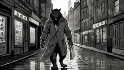 Werewolf with a Chinese menu in his hand, walking through the streets of Soho in the rain. Illustration.