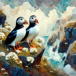 Create an oil painting depicting two puffins perched on rock cliffs in Iceland with tiny white wildflowers growing around them. Modifiers: elegant intricate beautiful colourful Zdzisław Beksiński acrylic art abstract watercolor Fractal Henri Matisse Paul Klee mysterious Victo Ngai warm light watercolor ink beautiful elegant intricate