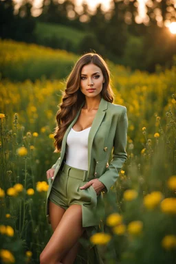 fullbody close up shot of young-beautiful-girl-with-a-perfect-face wearing pants and thight blouse and jacket, country side green field flowers day lights