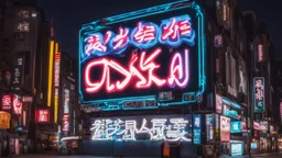 a billboard branded writing english Odk Tokusentai in neon light, in the city center, at night.