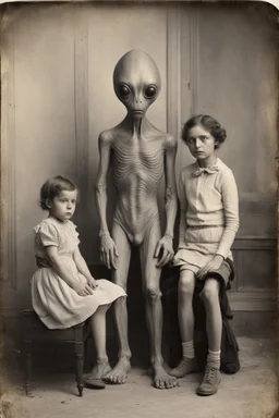 1900's black and white vintage photo, interior, grey alien human hybrid creature with a family that is sad, captured on square format film, grainy, aged