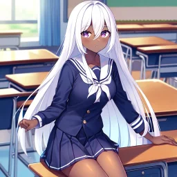 girl, masterpiece, best quality, volumetric lighting, detailed outfit, perfect eyes, long hair, white hair, purple eyes, school outfit, sitting on desk, light dark skin, classroom,