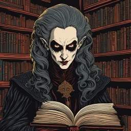 museum quality color woodcut of a scholarly Nosferatu female vampire with highly detailed hair and facial features in a library filled with dusty ancient tomes, in the style of Gustave Baumann, with a fine art , graphic novel aesthetic, highly detailed, finely cut ,8k render,