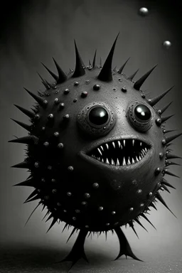 Solid spherical creature, four black eyes, very small smiling mouth, lighting body, The creature is gray iron, without dots, without thorns, wearing worrier shoes, smoke from the head, high details, stunning realistic photograph