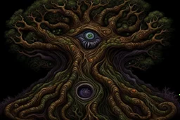 gnarled and twisted tree of life with faces and bodies crawling out of the trunk and branches, deep colour, in the multiverse