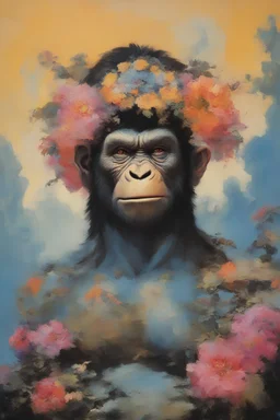 mugshot, Planet of the Apes, multicolored, large, floral designs, atmospheric, beautiful, China Doll, oil painting by Frank Frazetta