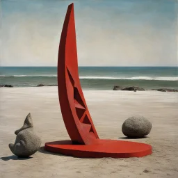 Odd red sculpture, realistic, beach, Max Ernst