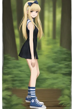 General Fast V2 (Flux), Create a realistic image of a female with long, straight blonde hair, the bangs cut straight across the forehead, hazel eyes, wearing a sleeveless, strapless, blue and white-striped nylon extremely short mini dress with a plunging neckline, knee high white socks and black converse tennis shoes, happy facial expression