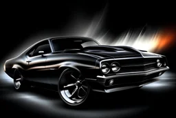 artistic airbrush representation of black angry classic muscle car with shiny rims and fat tires