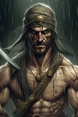An incredibly muscular, Gypsy man. He is blind and wears a strip of cloth covering his eyes. He carries a single, massive broadsword. His face shows a look of grim determination as he crushes the skull of a vampire under his bootheel, rain pouring down on all sides.