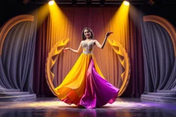 modern stage with gray-dark yellow blueish violet theme artistic decoration , color full dynamic lighting, a beautiful lady in maxi dress with shining silver jewels dancing, 3D recursive fractal structure animating background