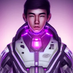 Cute Asian boy face, Sci-fi character, purple backlight, pink and purple, scifi suit, profile, purple background, pink lighting