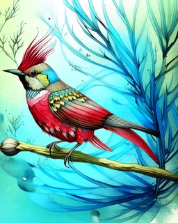 surreal mixed-media illustration of a Cardinal perched on a textured branch, depicted with a semi-transparent body that reveals an internal aquatic scene.Inside the bird’s torso, Angelfish swim gently in clear water, rendered with scientific-illustration precision and soft painterly textures.The bird’s feathers combine natural realism with subtle graphic stylization, including layered patterns and delicate linework.Surrounding the branch are daffodils, illustrated in a vintage botanical style wi