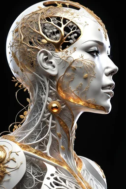 3D rendering of Expressively detailed and intricate of a hyperrealistic “human body”: side view, scientific, single object, glossy white, shinning gold, vines, tribalism, black background, shamanism, cosmic fractals, octane render, 8k post-production, detailled metalic bones, dendritic, artstation: award-winning: professional portrait: atmospheric: commanding: fantastical: clarity: 16k: ultra quality: striking: brilliance: stunning colors: amazing depth