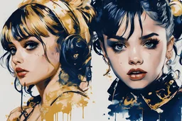 Poster in two gradually, a one side the Singer Danish MØ face and other side the Singer Melanie Martinez face, painting by Yoji Shinkawa, darkblue and gold tones,