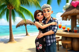 3D video game characters, a brown-haired blue-eyed plus sized woman in a black dress with white and pink flowers hugging a short silver haired thin man with brown eyes, wearing blue-white-black checkered shirt and jeans at the beach in sunshine, tiki bar, cocktails, hearts, waterfall, happiness