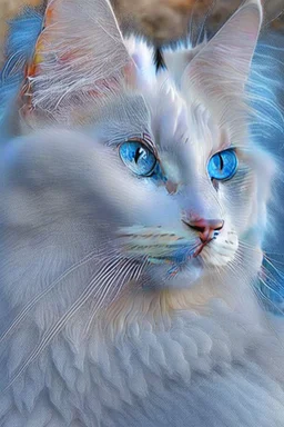 Attractive white cat with blue eyes and white feathers around it
