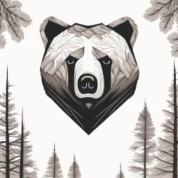 M shaped bear head combined with woods silhouette in backround, letterpress style, minimalistic pencil art