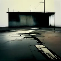 Minimal abstract oil paintings desolate 1960s carpark concrete fragments and road markings. Broken pipes on fire. Blurry outlines. In the style of Justin Mortimer and Francis Bacon.