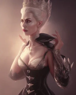 old evil queen in black leather gown, femme fatale, volouptous, busty, cleavage, angry, emperious, 8k resolution concept art portrait by Greg Rutkowski,