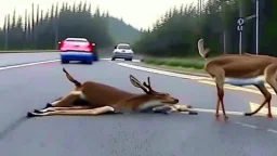 upset lady tries to revive deer on the highway using CPR or Mouth to Mouth