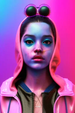 Ultra Realistic image, Rosalía artist, portrait, waist up portrait, long black eye line, sweet face, inflatable hoodie, gold pink and blue style, spray glow make up, led lights, neon, led piercing nose, led ornament, fog, bubble latex coat, vibrant color, highly detailed, art stations, concept art, smooth, unreal engine 5, god rays, ray tracing, RTX, lumen lighting, ultra detail, volumetric lighting, 3d, finely drawn, high definition, high resolution.