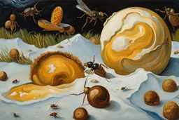 painting from lies down in the grass a Fallen Ice-cream, the dropped ice cream melting, ants crawling on ice cream , whimschical, detalied painting by Van Gogh and dali, high detailed, sharp focuses, masterpiece