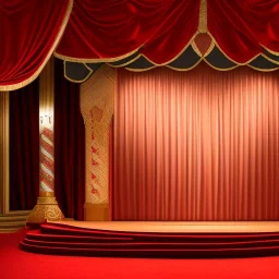 theater stage with red curtain, medium range, twins performing, vaudeville, ethereal, soft lighting,